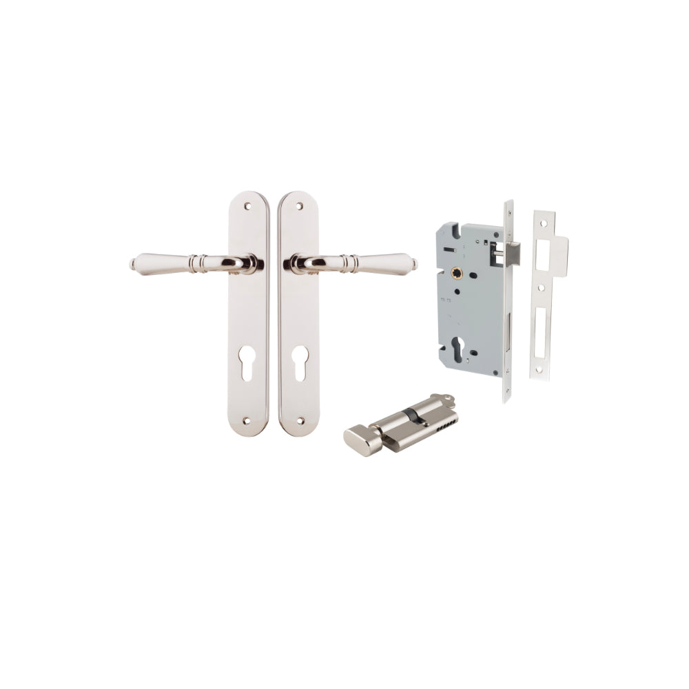 Door Lever Sarlat Oval Euro Polished Nickel CTC85mm H240xW40xP55mm Entrance Kit Mortice Lock Euro Polished Nickel CTC85mm Backset 60mm, Euro Cylinder Key Thumb 6 Pin Polished Nickel L70mm KA1 in Polished Nickel