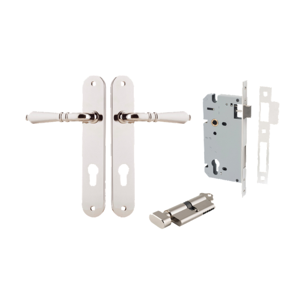 Door Lever Sarlat Oval Euro Polished Nickel CTC85mm H240xW40xP55mm Entrance Kit Mortice Lock Euro Polished Nickel CTC85mm Backset 60mm, Euro Cylinder Key Thumb 6 Pin Polished Nickel L70mm KA1 in Polished Nickel