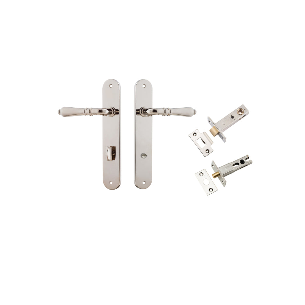 Door Lever Sarlat Oval Privacy Polished Nickel CTC85mm H240xW40xP55mm Privacy Kit Tube Latch Split Cam 'T' Striker Polished Nickel Backset 60mm, Privacy Bolt Round Bolt Polished Nickel Backset 60mm in Polished Nickel