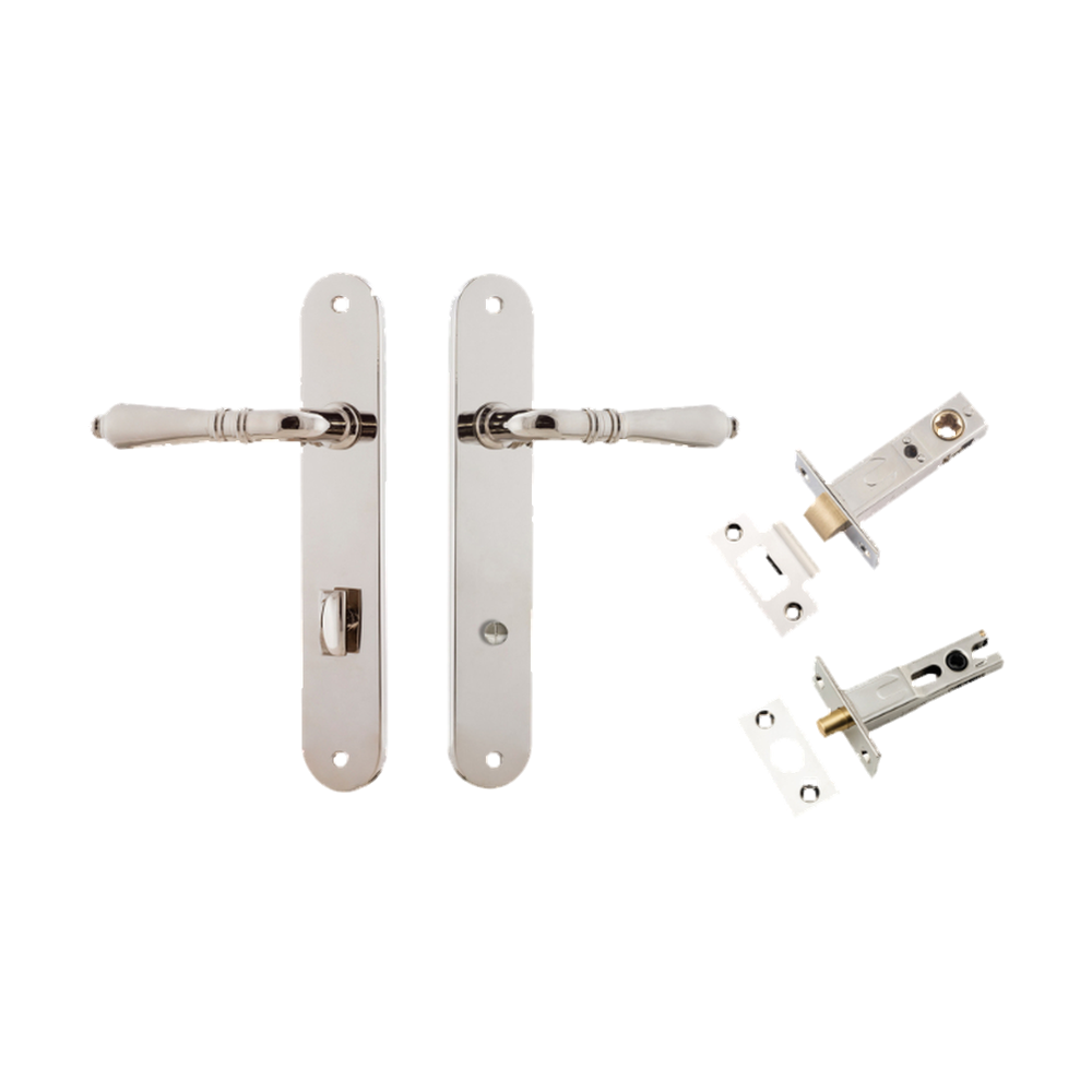 Door Lever Sarlat Oval Privacy Polished Nickel CTC85mm H240xW40xP55mm Privacy Kit Tube Latch Split Cam 'T' Striker Polished Nickel Backset 60mm, Privacy Bolt Round Bolt Polished Nickel Backset 60mm in Polished Nickel