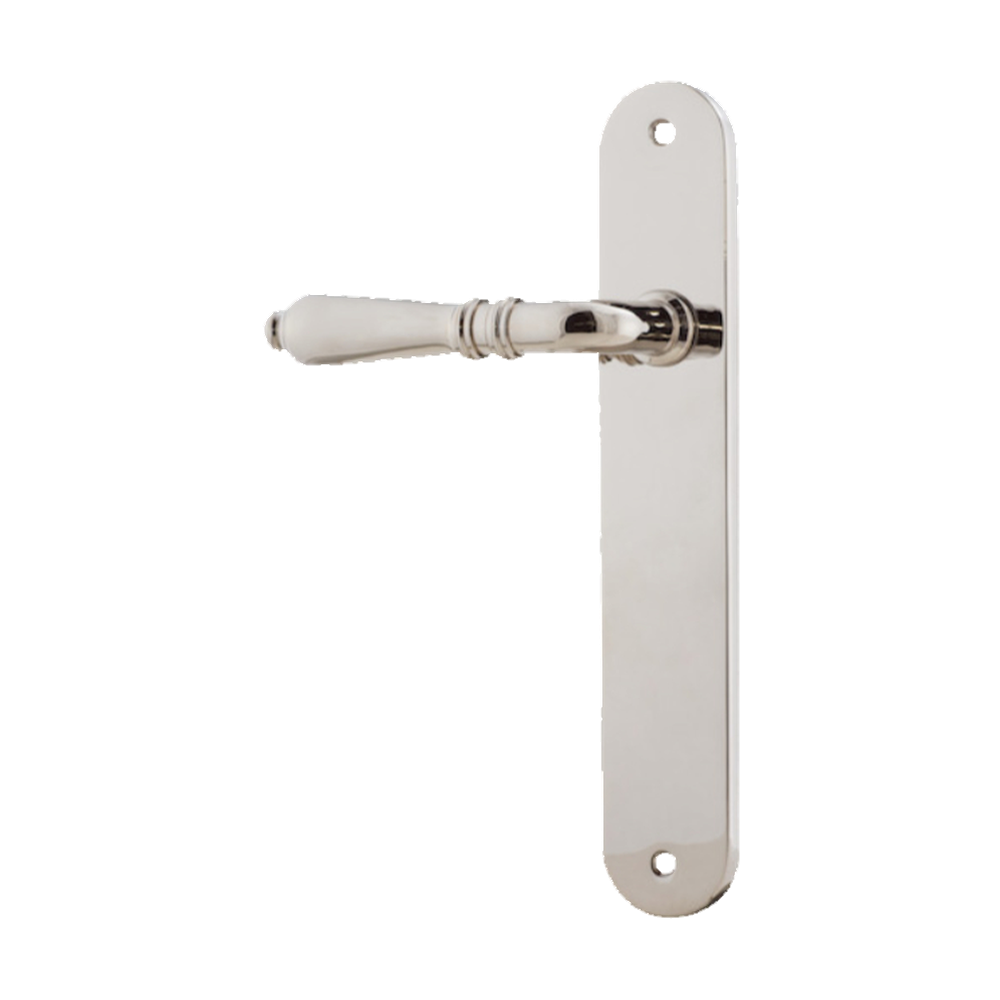 Door Lever Sarlat Oval Latch Left Hand Fixed Polished Nickel L111xP53mm BPH240xW40mm in Polished Nickel