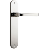 Pair of Iver Annecy lever handles on oval backplates, featuring elegant metal hardware for interior door use.