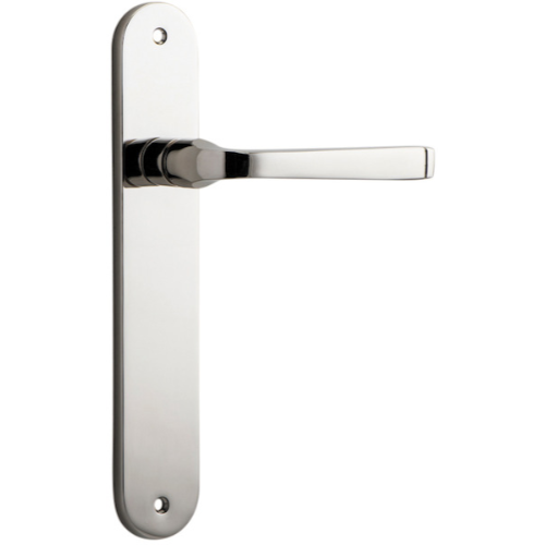 Pair of Iver Annecy lever handles on oval backplates, featuring elegant metal hardware for interior door use.