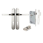Pair of Iver Annecy lever door handles on oval backplates, featuring polished brass finish and modern design.