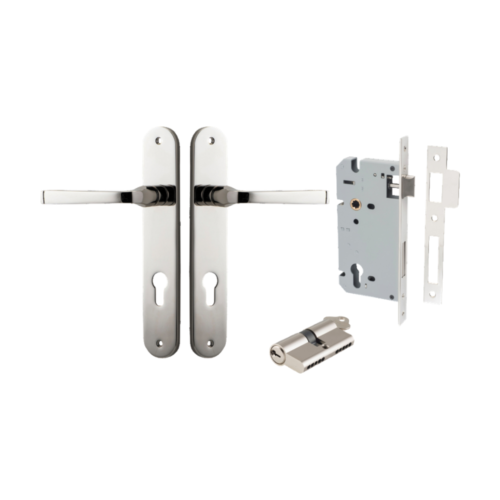 Door Lever Annecy Oval Euro Polished Nickel CTC85mm H240xW40xP62mm Entrance Kit Mortice Lock Euro Polished Nickel CTC85mm Backset 60mm, Euro Cylinder Dual Function 5 Pin Polished Nickel L65mm KA1 in Polished Nickel