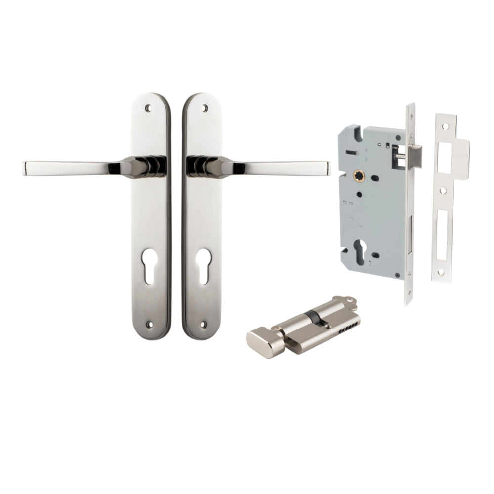 Door Lever Annecy Oval Euro Polished Nickel CTC85mm H240xW40xP62mm Entrance Kit, Mortice Lock Euro Polished Nickel CTC85mm Backset 60mm, Euro Cylinder Key Thumb 6 Pin Polished Nickel L70mm KA1 in Polished Nickel