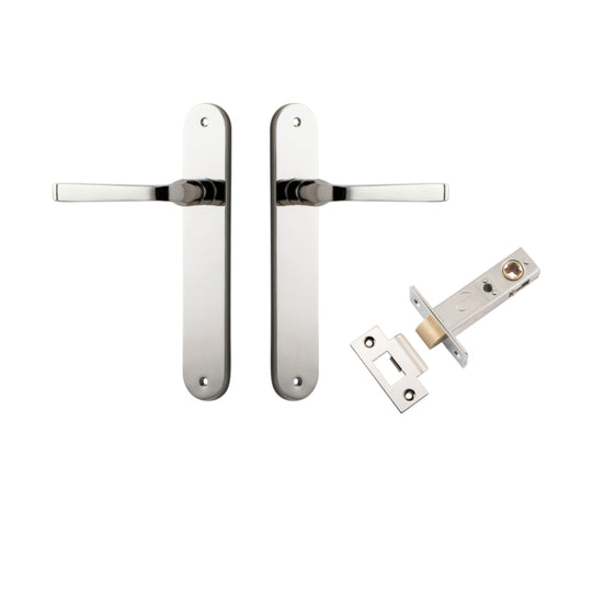 Door Lever Annecy Oval Latch Polished Nickel H240xW40xP62mm Passage Kit, Tube Latch Split Cam 'T' Striker Polished Nickel Backset 60mm in Polished Nickel