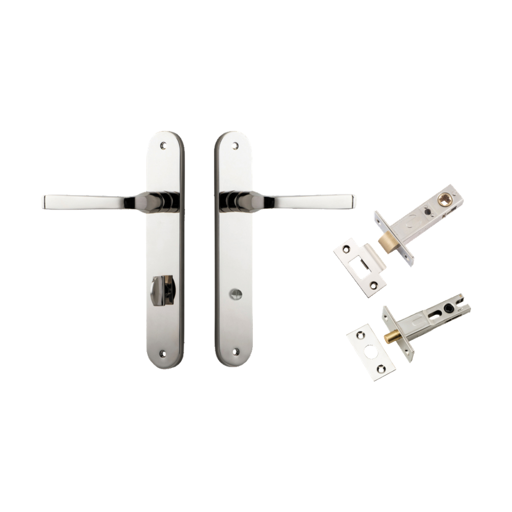 Door Lever Annecy Oval Privacy Polished Nickel CTC85mm H240xW40xP62mm Inbuilt Privacy Kit Tube Latch Split Cam 'T' Striker Polished Nickel Backset 60mm, Privacy Bolt Round Bolt Polished Nickel Backset 60mm in Polished Nickel