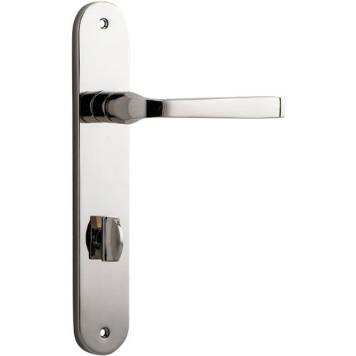 Pair of Iver Annecy lever door handles on oval backplates, featuring sleek metal finish and modern design.