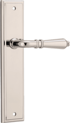Pair of Iver Sarlat lever handles on stepped backplates, showcasing elegant, polished brass door hardware.