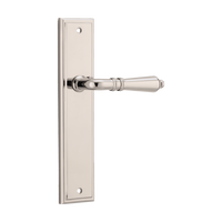 Pair of Iver Sarlat lever handles on stepped backplates, showcasing elegant, polished brass door hardware.