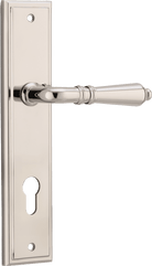 Pair of Iver Sarlat lever handles with stepped backplates, featuring elegant design and polished finish for interior doors.