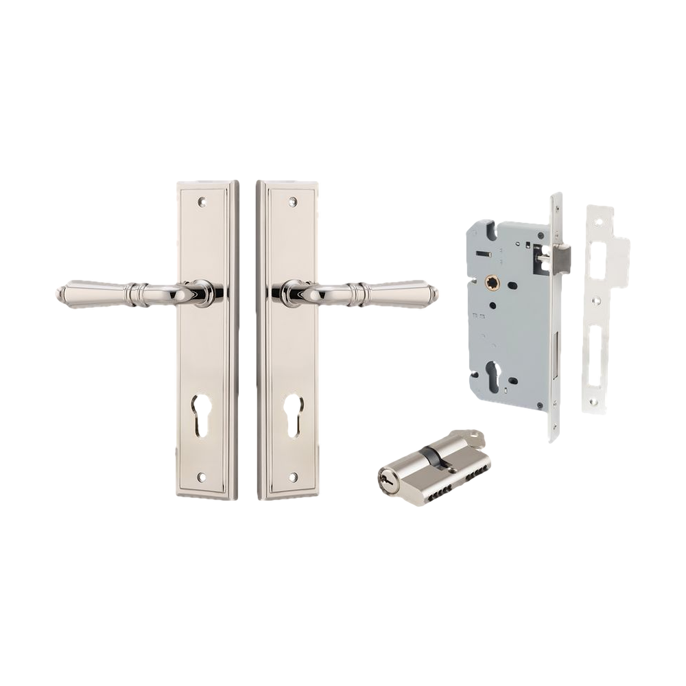 Door Lever Sarlat Stepped Polished Nickel Key / Key Entrance Kit in Polished Nickel
