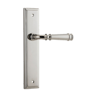 Pair of Iver Verona lever handles on stepped backplates, showcasing elegant architectural hardware design.