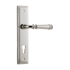 Pair of Iver Verona lever handles on stepped backplates, showcasing elegant architectural hardware design in a close-up view.