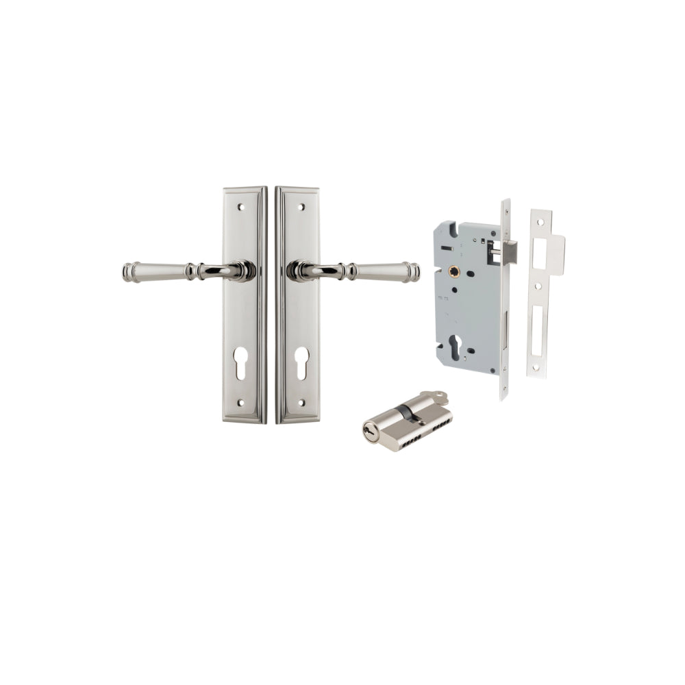Door Lever Verona Stepped Euro Polished Nickel CTC85mm H240xW50xP59mm Entrance Kit Mortice Lock Euro Polished Nickel CTC85mm Backset 60mm, Euro Cylinder Dual Function 5 Pin Polished Nickel L65mm KA1 in Polished Nickel