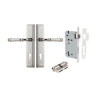 Pair of Iver Verona lever door handles on stepped backplates, architectural hardware in a polished finish.
