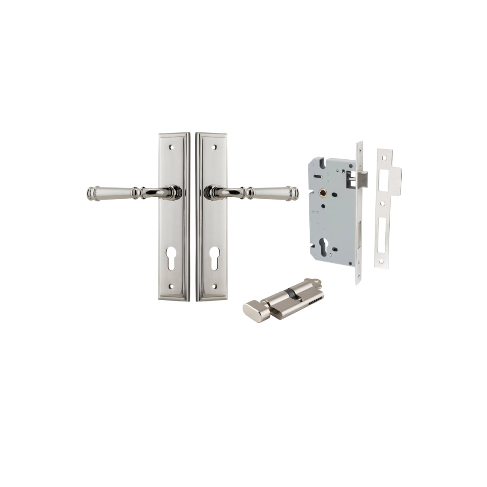 Door Lever Verona Stepped Euro Polished Nickel CTC85mm H240xW50xP59mm Entrance Kit Mortice Lock Euro Polished Nickel CTC85mm Backset 60mm, Euro Cylinder Key Thumb 6 Pin Polished Nickel L70mm KA1 in Polished Nickel