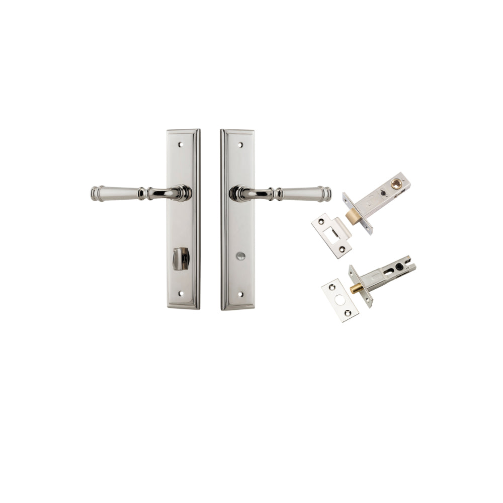 Door Lever Verona Stepped Privacy Polished Nickel CTC85mm H240xW50xP59mm Inbuilt Privacy Kit Tube Latch Split Cam 'T' Striker Polished Nickel Backset 60mm, Privacy Bolt Round Bolt Polished Nickel Backset 60mm in Polished Nickel