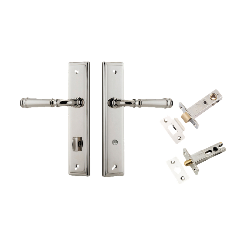 Door Lever Verona Stepped Privacy Polished Nickel CTC85mm H240xW50xP59mm Inbuilt Privacy Kit Tube Latch Split Cam 'T' Striker Polished Nickel Backset 60mm, Privacy Bolt Round Bolt Polished Nickel Backset 60mm in Polished Nickel