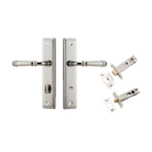 Pair of Iver Verona lever handles on stepped backplates, architectural hardware for doors with a sleek, modern design.