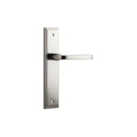 Pair of Iver Annecy lever handles on stepped backplates, polished metal finish, suitable for interior door hardware.