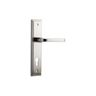 Pair of Iver Annecy lever handles on stepped backplates, showcasing elegant brushed metal finish and detailed design.