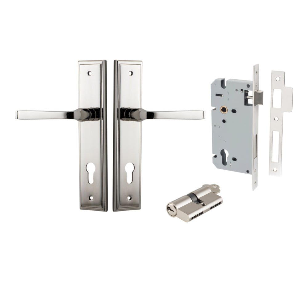 Door Lever Annecy Stepped Euro Polished Nickel CTC85mm H240xW50xP65mm Entrance Kit, Mortice Lock Euro Polished Nickel CTC85mm Backset 60mm, Euro Cylinder Dual Function 5 Pin Polished Nickel L65mm KA1 in Polished Nickel
