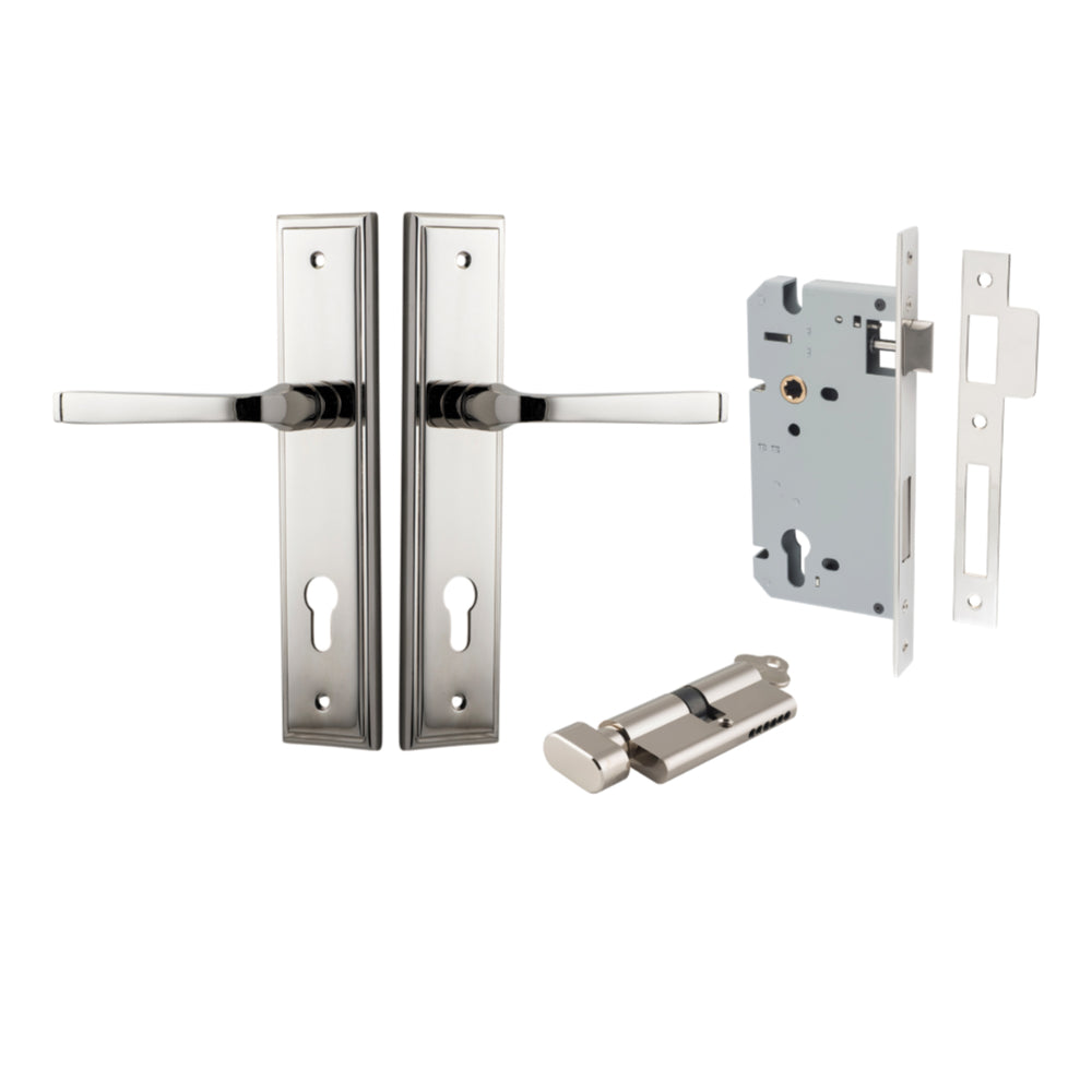 Door Lever Annecy Stepped Euro Polished Nickel CTC85mm H240xW50xP65mm Entrance Kit, Mortice Lock Euro Polished Nickel CTC85mm Backset 60mm, Euro Cylinder Key Thumb 6 Pin Polished Nickel L70mm KA1 in Polished Nickel