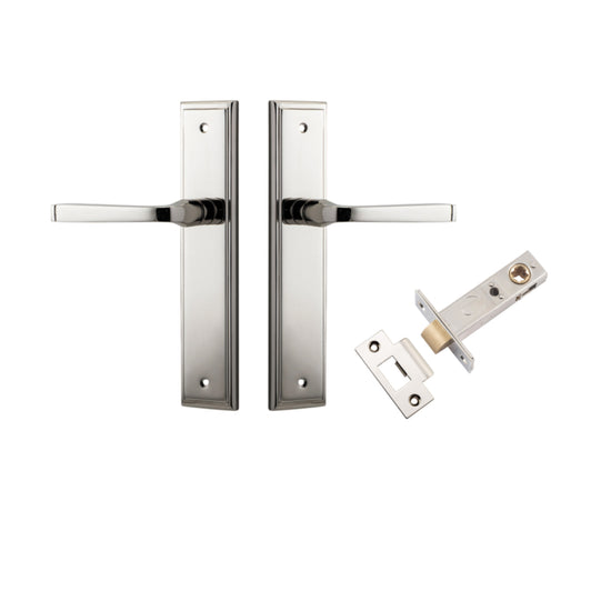 Door Lever Annecy Stepped Latch Polished Nickel H240xW50xP65mm Passage Kit, Tube Latch Split Cam 'T' Striker Polished Nickel Backset 60mm in Polished Nickel