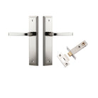 Pair of Iver Annecy lever handles on stepped backplates, showcasing elegant brushed nickel finish and modern design.