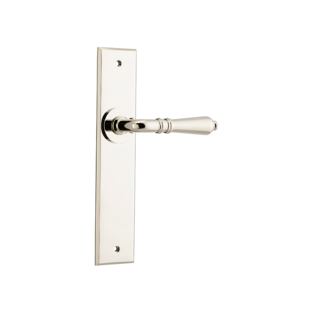 Door Lever Sarlat Chamfered Latch Polished Nickel H240xW50xP55mm in Polished Nickel
