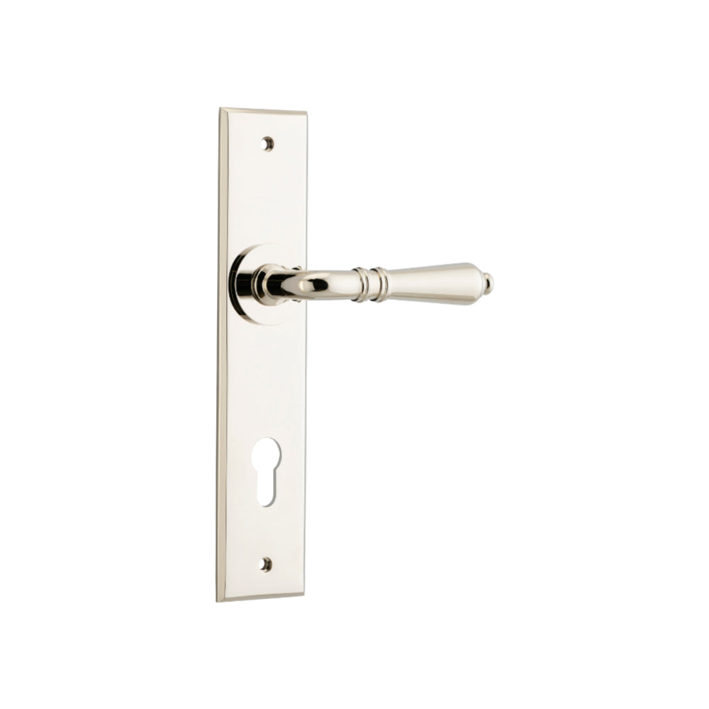 Door Lever Sarlat Chamfered Euro Polished Nickel H240xW50xP55mm in Polished Nickel