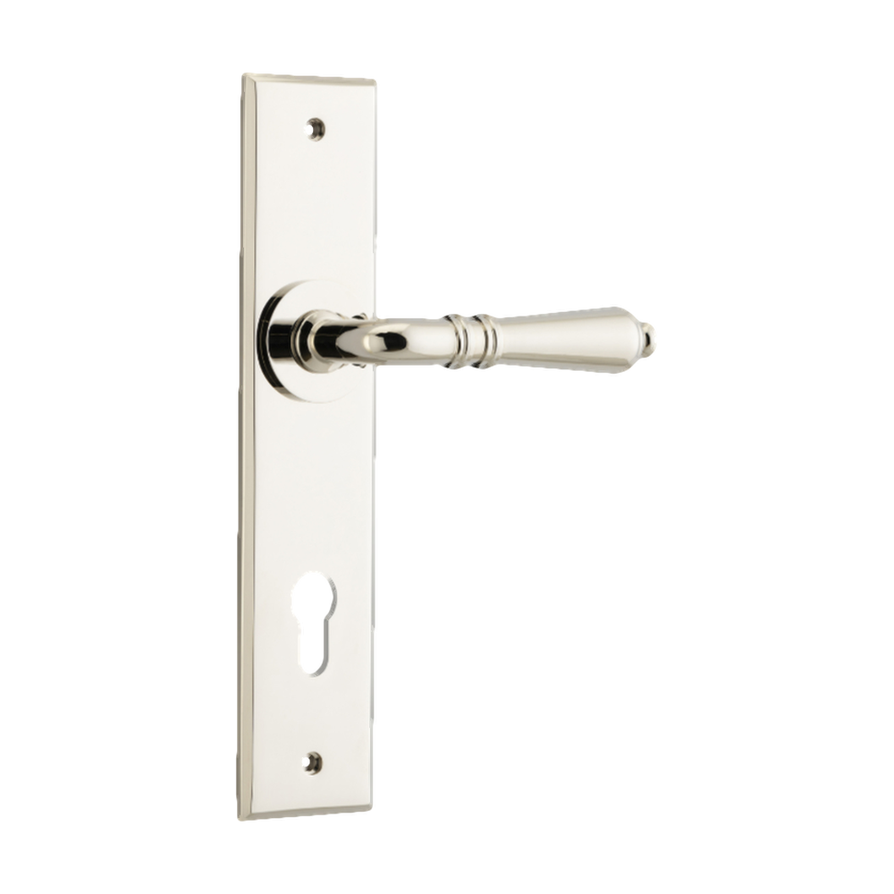 Door Lever Sarlat Chamfered Euro Polished Nickel H240xW50xP55mm in Polished Nickel