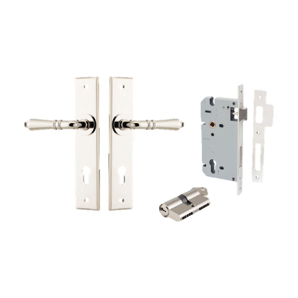 Door Lever Sarlat Chamfered Euro Pair Polished Nickel CTC85mm L111xP55mm BPH240xW50mm Mortice Lock Euro Polished Nickel CTC85mm Backset 60mm, Euro Cylinder Dual Function 5 Pin Polished Nickel 65mm KA4 in Polished Nickel