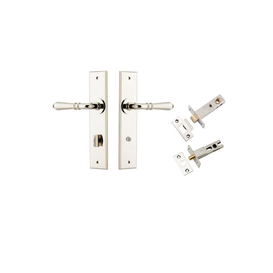 Door Lever Sarlat Chamfered Privacy Polished Nickel CTC85mm L111xP55mm BPH240xW50mm Privacy Kit Tube Latch Split Cam 'T' Striker Polished Nickel Backset 60mm, Privacy Bolt Round Bolt Polished Nickel Backset 60mm in Polished Nickel