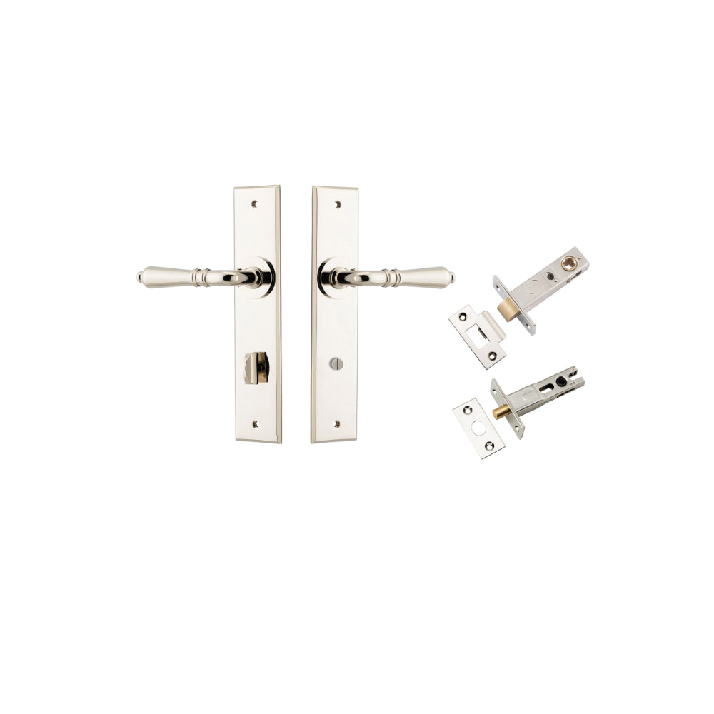 Door Lever Sarlat Chamfered Privacy Polished Nickel CTC85mm L111xP55mm BPH240xW50mm Privacy Kit Tube Latch Split Cam 'T' Striker Polished Nickel Backset 60mm, Privacy Bolt Round Bolt Polished Nickel Backset 60mm in Polished Nickel