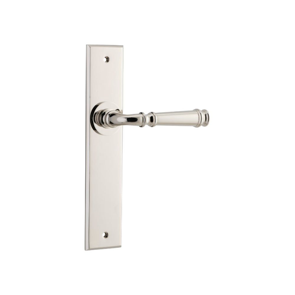 Door Lever Verona Chamfered Latch Polished Nickel H240xW50xP59mm in Polished Nickel
