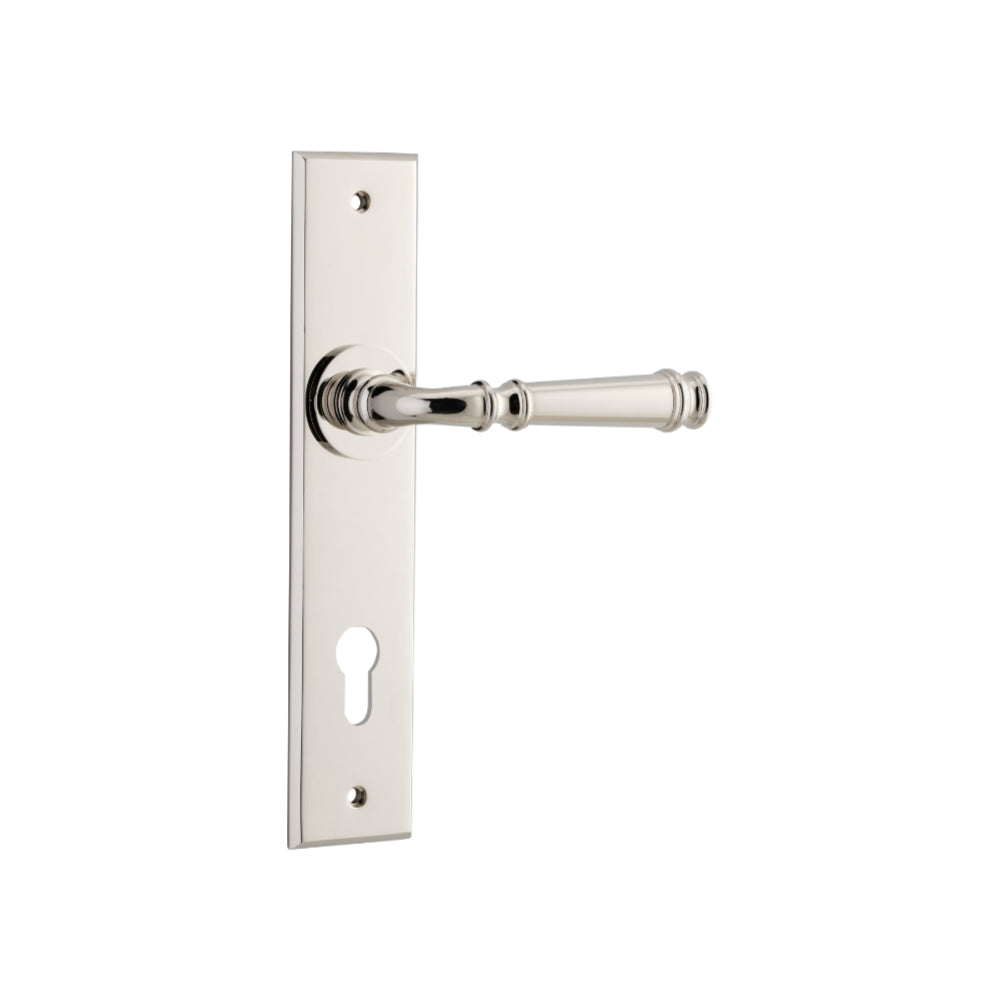 Door Lever Verona Chamfered Euro Polished Nickel CTC85mm H240xW50xP59mm in Polished Nickel