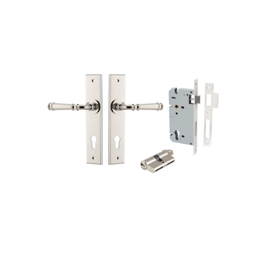 Door Lever Verona Chamfered Euro Pair Polished Nickel CTC85mm L122xP58mm BPH240xW50mm Mortice Lock Euro Polished Nickel CTC85mm Backset 60mm, Euro Cylinder Dual Function 5 Pin Polished Nickel 65mm KA4 in Polished Nickel
