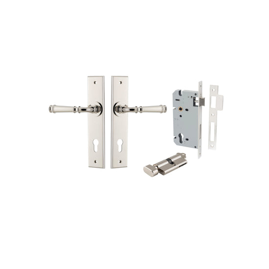 Door Lever Verona Chamfered Euro Pair Polished Nickel CTC85mm L122xP58mm BPH240xW50mm Mortice Lock Euro Polished Nickel CTC85mm Backset 60mm, Euro Cylinder Key Thumb 5 Pin Polished Nickel 65mm KA4 in Polished Nickel