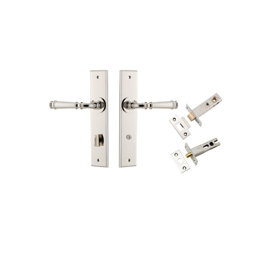 Door Lever Verona Chamfered Privacy Polished Nickel CTC85mm L122xP58mm BPH240xW50mm Privacy Kit Tube Latch Split Cam 'T' Striker Polished Nickel Backset 60mm, Privacy Bolt Round Bolt Polished Nickel Backset 60mm in Polished Nickel
