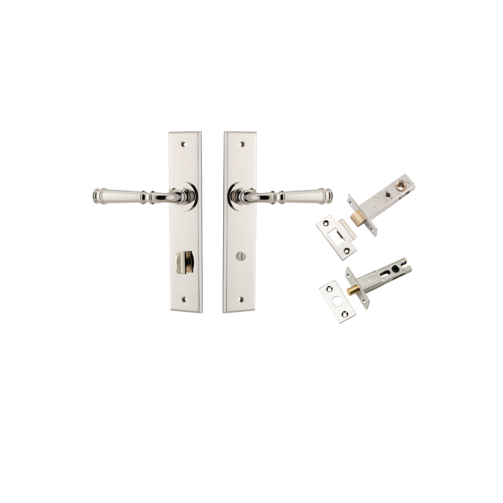 Door Lever Verona Chamfered Privacy Polished Nickel CTC85mm L122xP58mm BPH240xW50mm Privacy Kit Tube Latch Split Cam 'T' Striker Polished Nickel Backset 60mm, Privacy Bolt Round Bolt Polished Nickel Backset 60mm in Polished Nickel