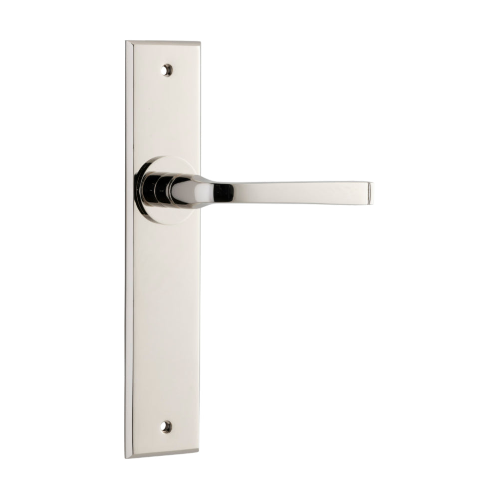 Pair of Iver Annecy lever door handles with chamfered backplates, featuring a sleek, modern design and polished finish.