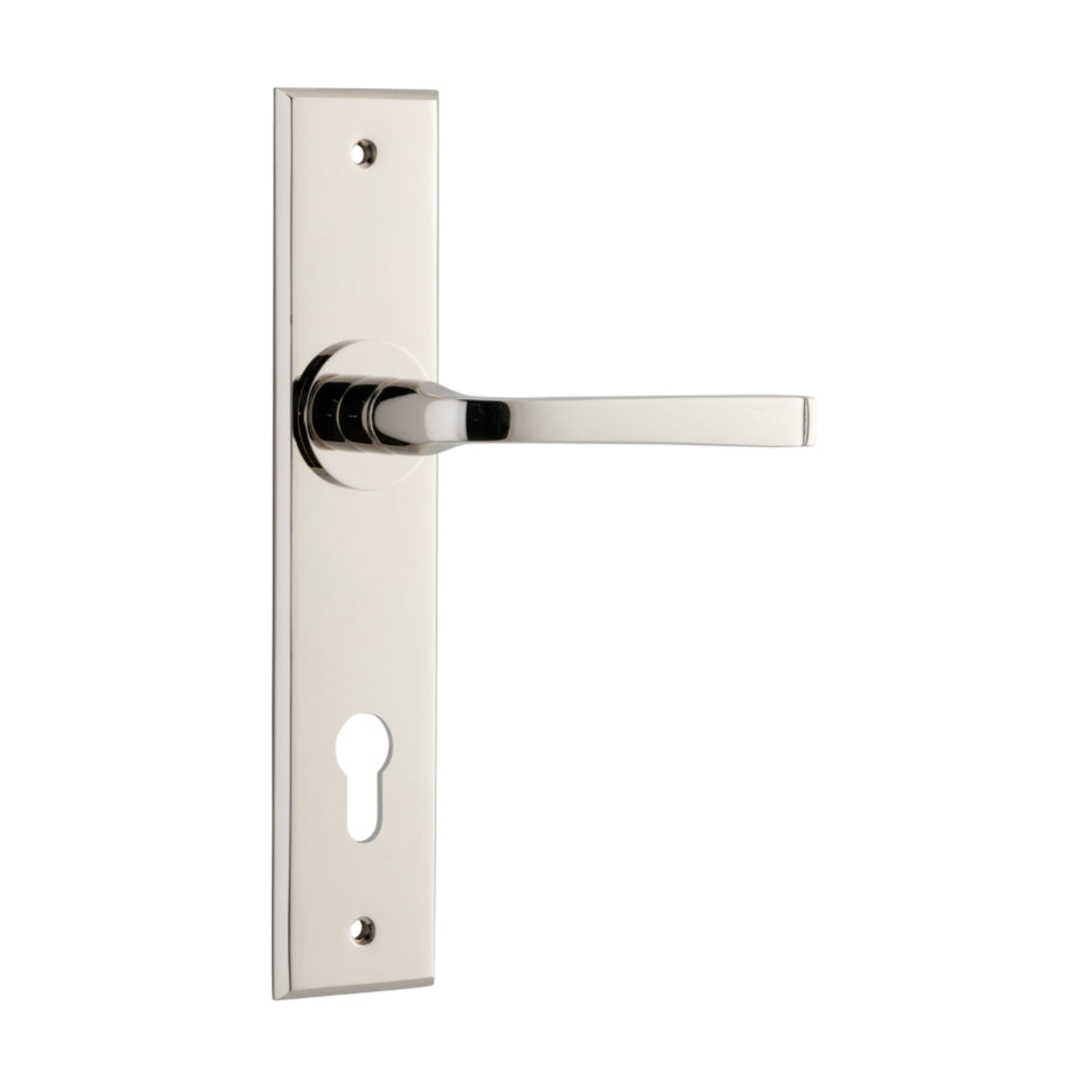 Pair of Iver Annecy lever door handles with chamfered backplates, featuring a sleek, modern design for interior doors.