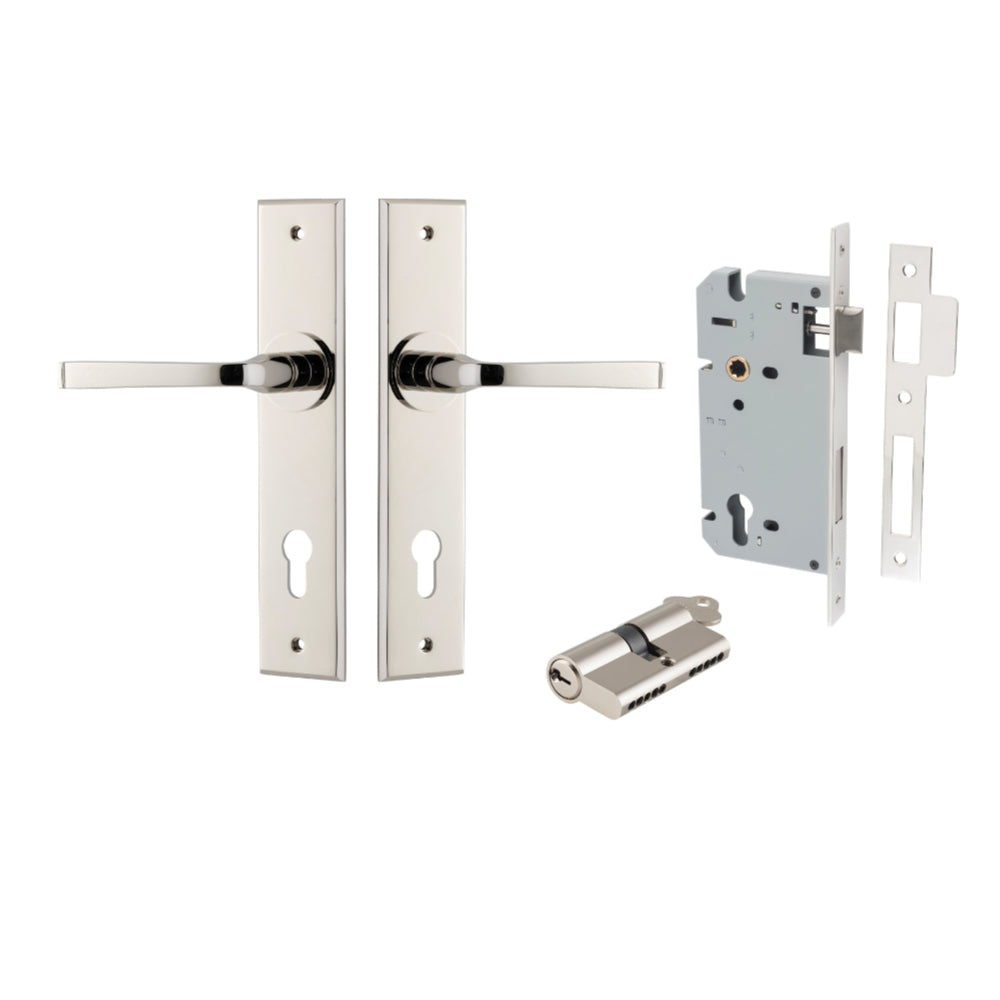 Pair of Iver Annecy lever door handles on chamfered backplates, with a sleek, modern design in a natural finish.