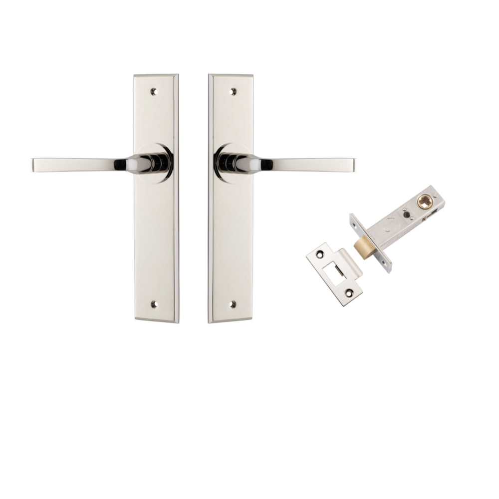 Pair of Iver Annecy lever door handles on chamfered backplates, with a sleek, modern design in a polished finish.