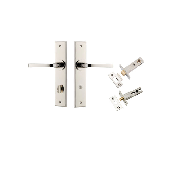 Door Lever Annecy Chamfered Privacy Polished Nickel CTC85mm L117xP65mm BPH240xW50mm Privacy Kit, Tube Latch Split Cam 'T' Striker Polished Nickel Backset 60mm, Privacy Bolt Round Bolt Polished Nickel Backset 60mm in Polished Nickel