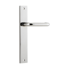 Pair of Iver Oslo Lever handles on rectangular backplates, architectural hardware for doors, in a sleek modern design.