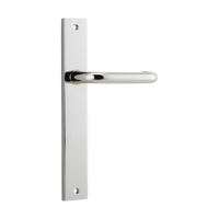 Pair of Iver Oslo Lever handles on rectangular backplates, architectural hardware for doors, in a sleek modern design.